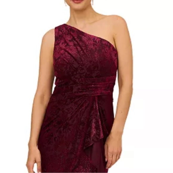 ADRIANNA PAPELL Burgundy One Shoulder Velvet Burnout Gown - Picture 5 of 11